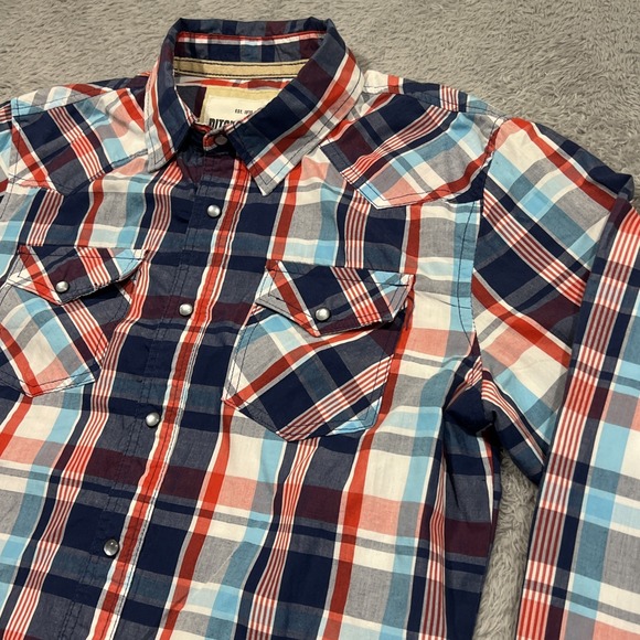 Ditch Plains Western Shirt Men's L Blue Plaid Pearl Snap Roll Tab Long Sleeve‎ - Picture 3 of 15